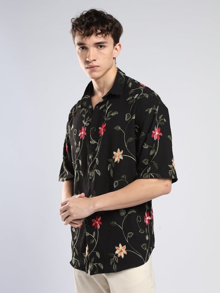 Bopha - Floral Embroidery Half Sleeve Shirt - Black