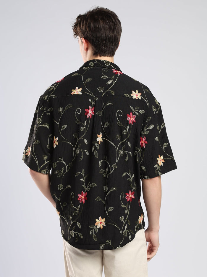 Bopha - Floral Embroidery Half Sleeve Shirt - Black
