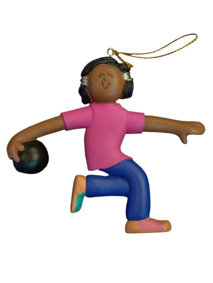 Bowler, Female, Dark Skin- Personalized Christmas Ornament