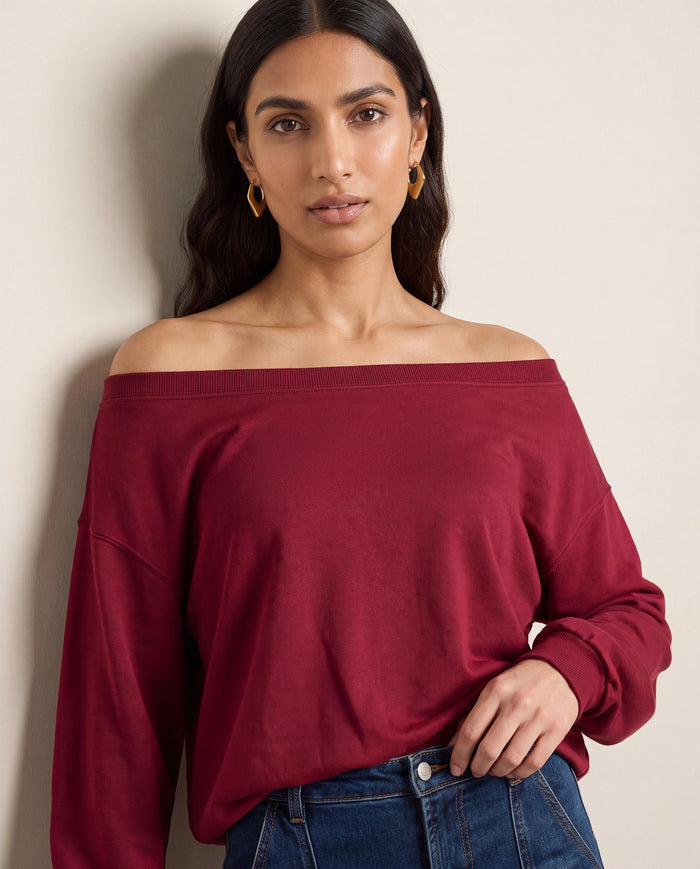 Cabernet $|& SEAS Brooksville One Shoulder Sweatshirt - SOF Detail