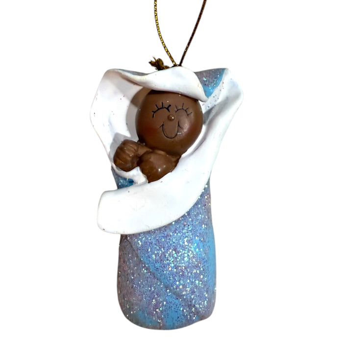 Bunting Baby Blue- Personalized Christmas Ornament, Dark Skin, African American