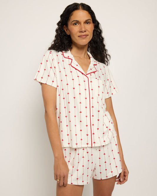 Red Hearts $|& Bobeau Butter Knit Brushed DTY Printed V-Neck and Short Set - SOF Front