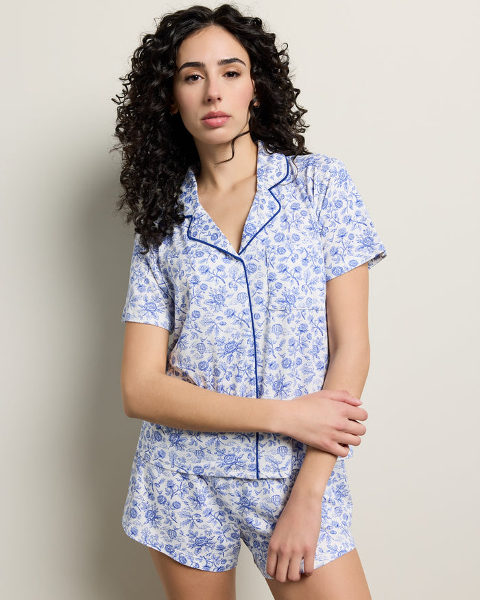 White/Blue Nature $|& Bobeau Butter Knit Brushed DTY Printed V-Neck and Short Set - SOF Front