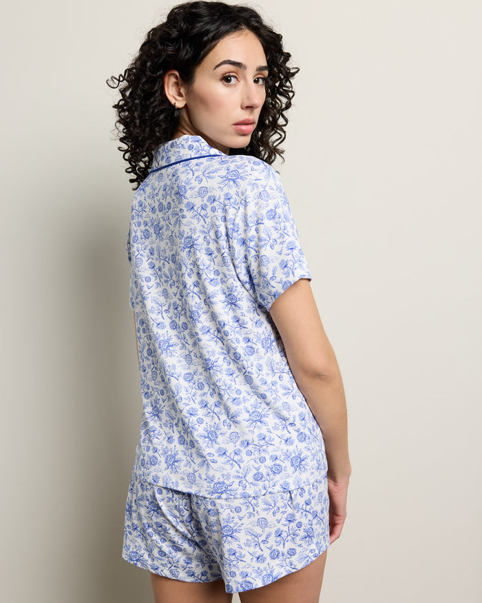 White/Blue Nature $|& Bobeau Butter Knit Brushed DTY Printed V-Neck and Short Set - SOF Back