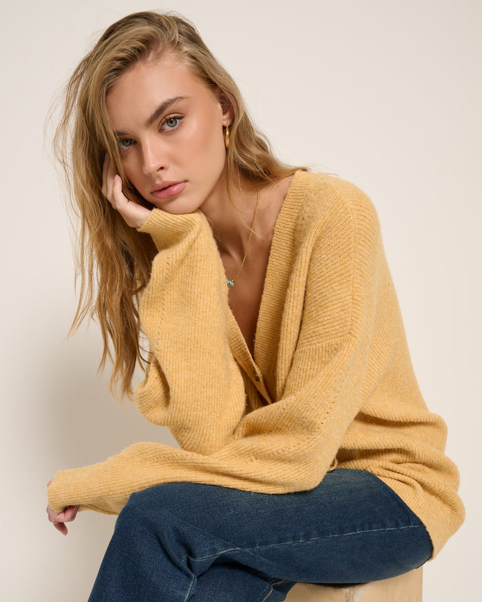 Heather Golden $|& SEAS Callie V-Neck Cardigan - SOF Full Front