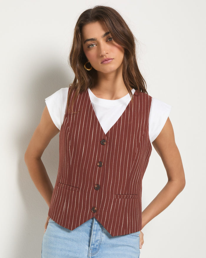 Cinnamon Stripe $|& SEAS Canyon Linen Blend Vest - SOF Full Front
