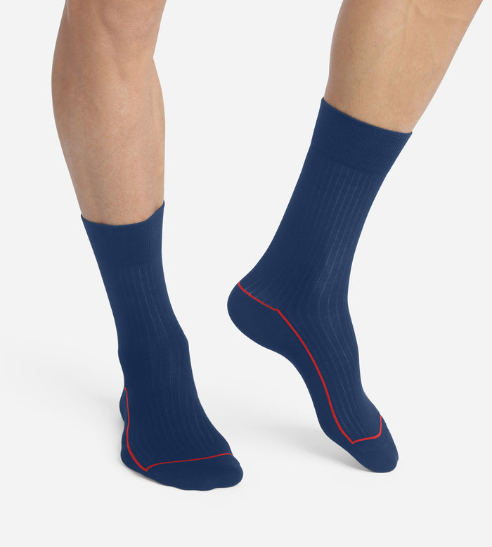 Chaussettes homme en coton côtelé Bleu à liseré coloré Dim Mode