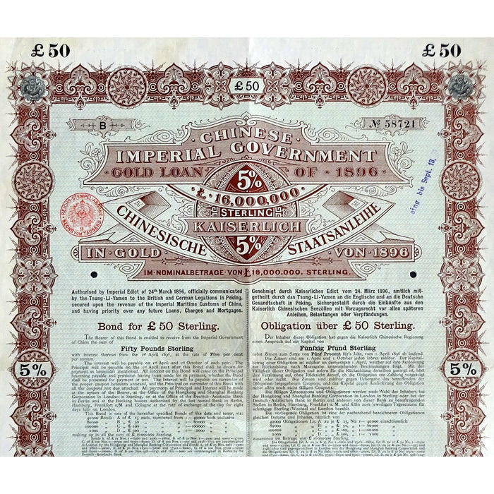 Chinese Imperial Government Gold Loan of 1896 China Bond Certificate