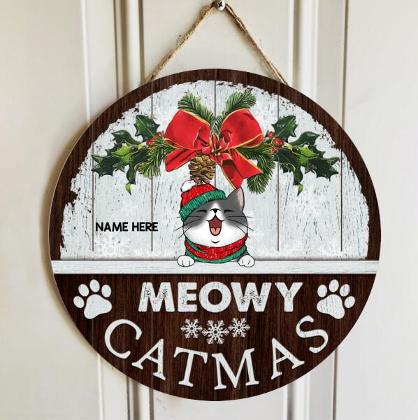 Christmas Cat Welcome Door Sign, Gift For Cat Lovers, Meowy Catmas Funny Signs, Vintage White & Brown , Cat Mom Gifts