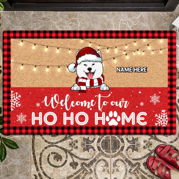 Christmas Front Door Mat, Gifts For Dog Lovers, Welcome To Our Ho Ho Home Personalized Doormat