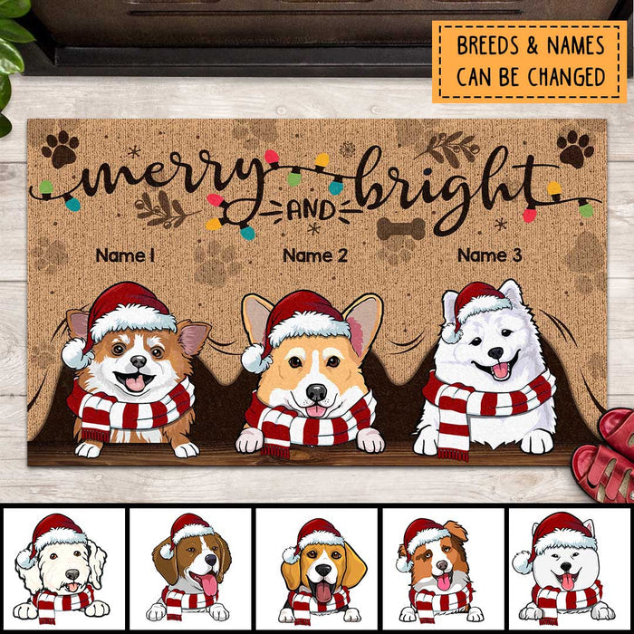 Christmas Personalized Doormat, Gifts For Dog Lovers, Merry And Bright Dog Peeking From Curtain Front Door Mat