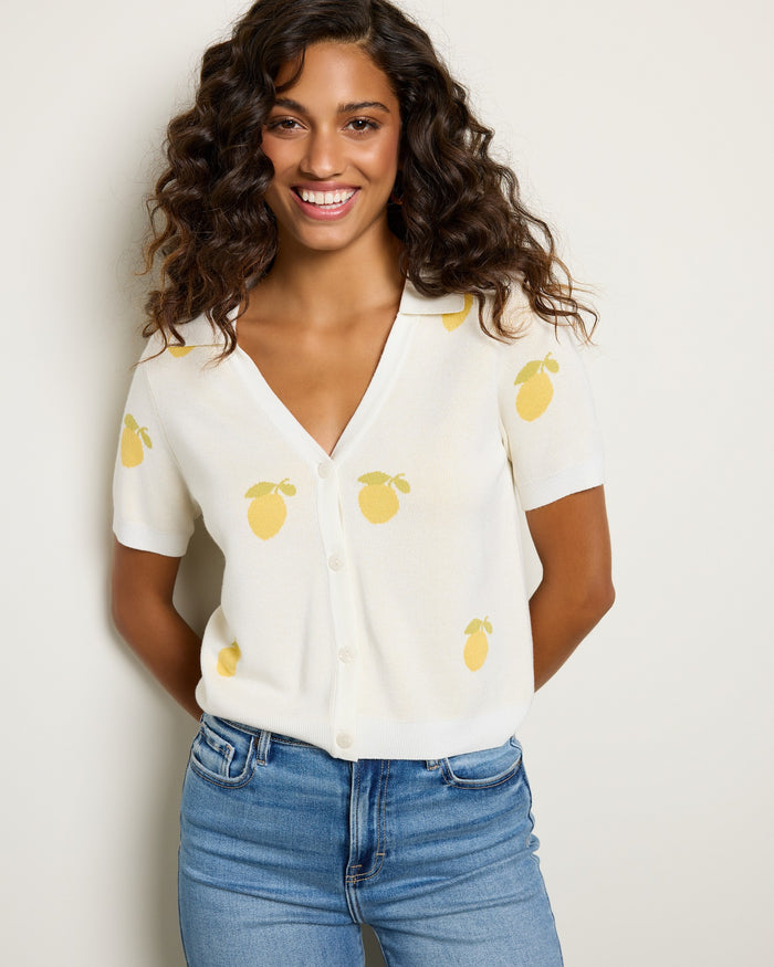 Ivory Lemon $|& Sadie & Sage Citron Embroidered Lemon Knit Shirt - SOF Front