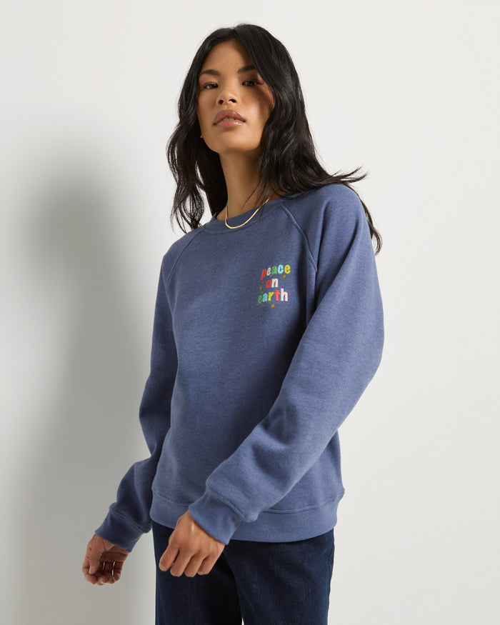 Heather Indigo Haze $|& SEAS Cliffedge Raglan Peace on Earth Sweatshirt - SOF Front