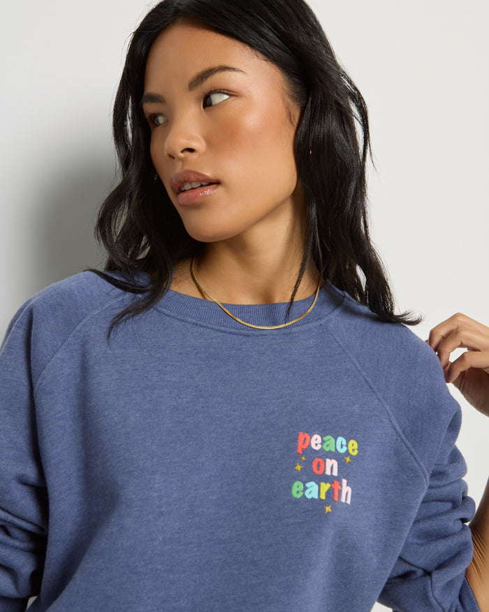 Heather Indigo Haze $|& SEAS Cliffedge Raglan Peace on Earth Sweatshirt - SOF Full Front