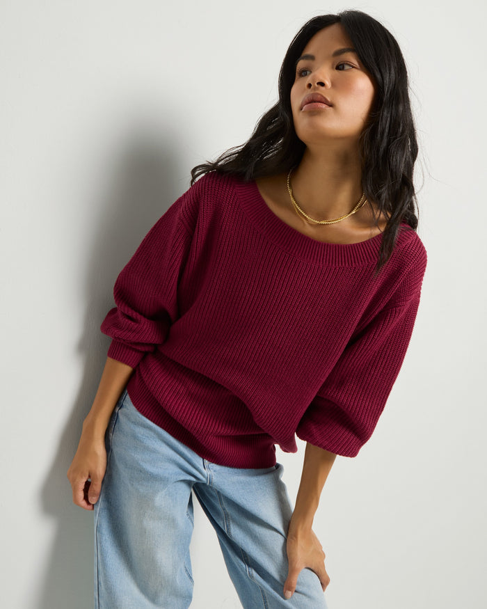 Cabernet Red $|& SEAS Coastal One Shoulder Sweater - VOF Front