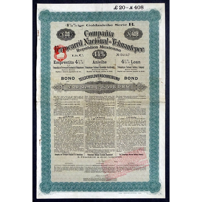Compania del Ferrocarril Nacional de Tehuantepec, 1910 Mexico Gold Bond
