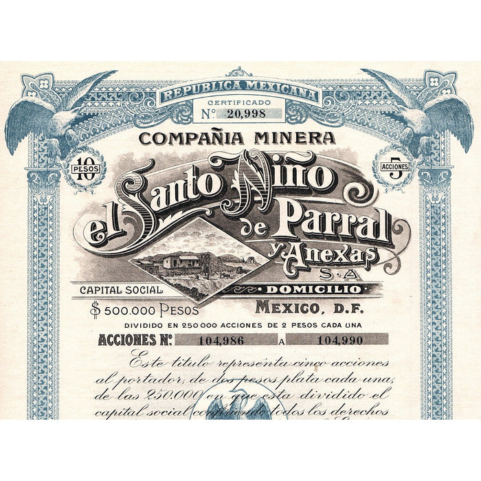 Compania Minera Santo Nino de Parral y Anexas 1912 Mexico Stock Certificate