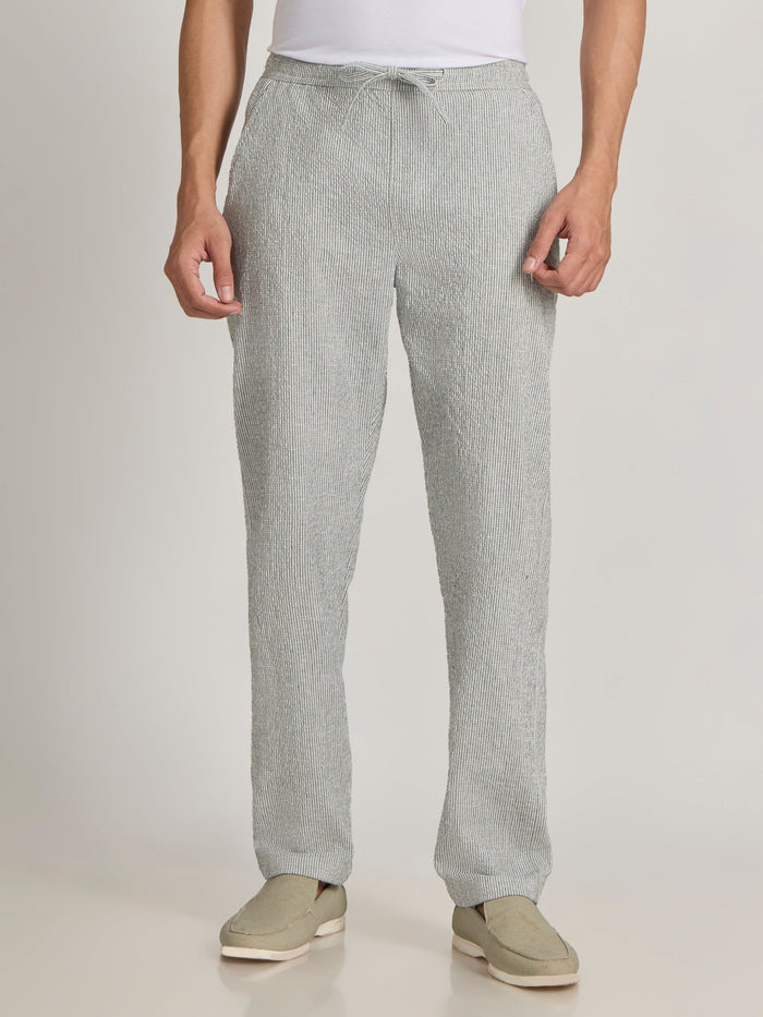 mens Striped Seersucker Trousers - Green