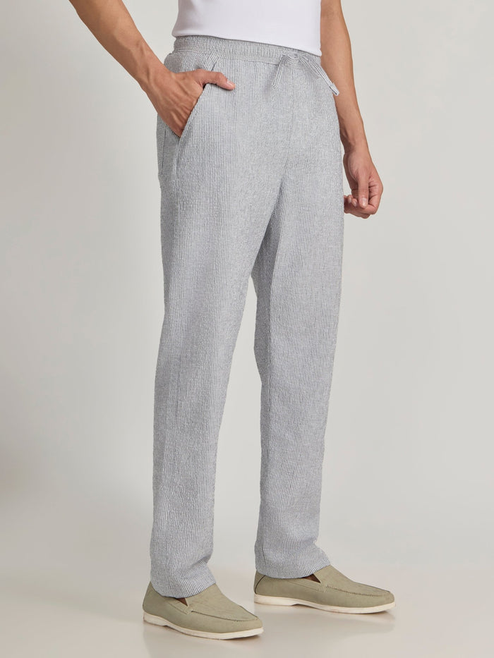 mens Striped Seersucker Trousers - Gray