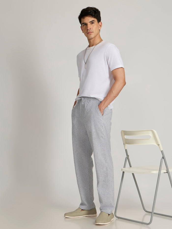 mens Striped Seersucker Trousers - Gray