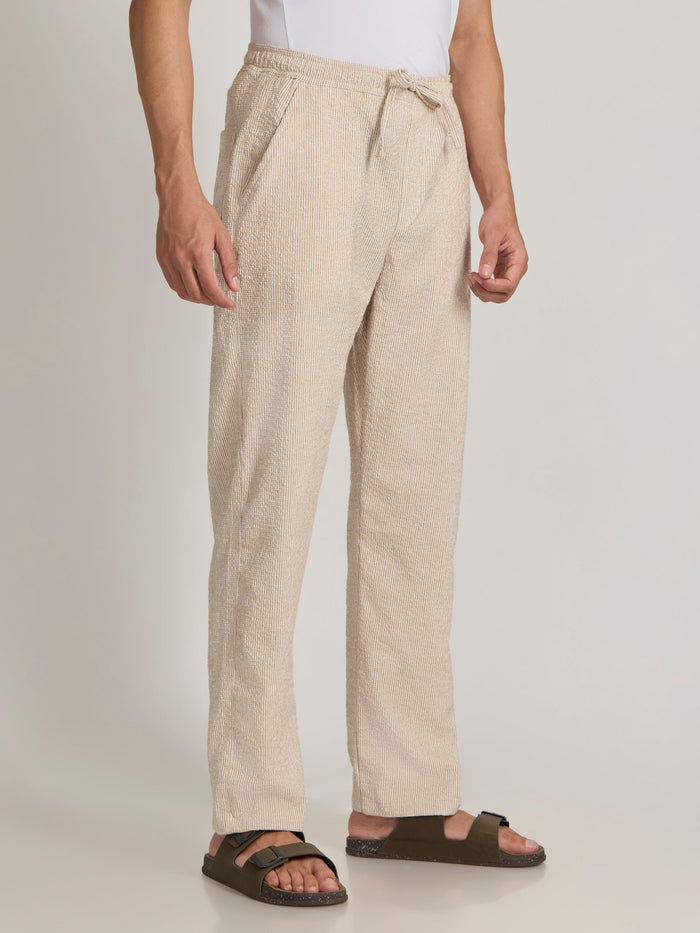 mens Striped Seersucker Trousers - mustard beige
