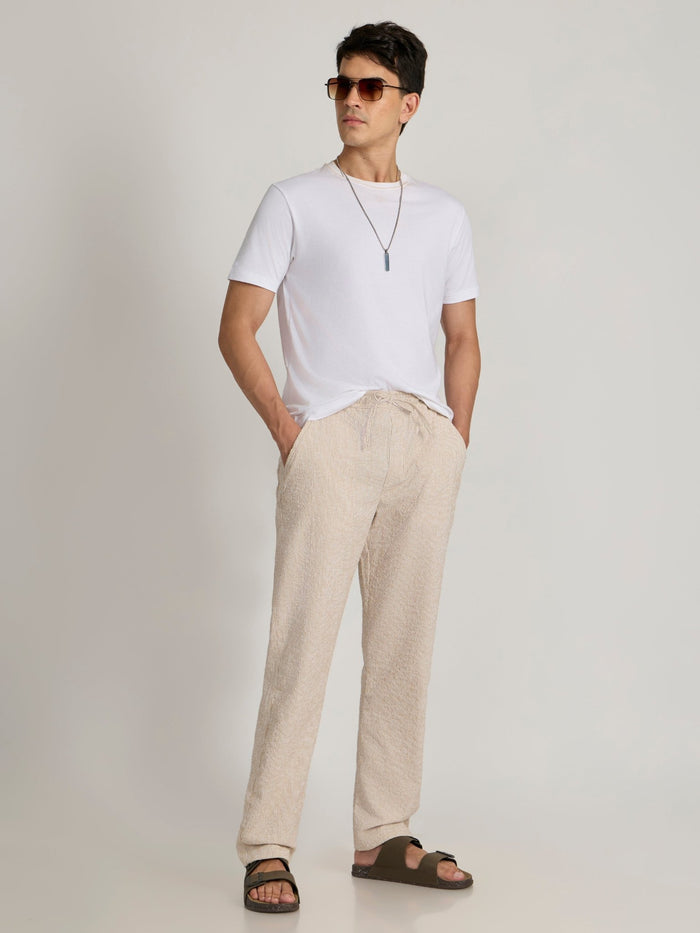 mens Striped Seersucker Trousers - mustard beige