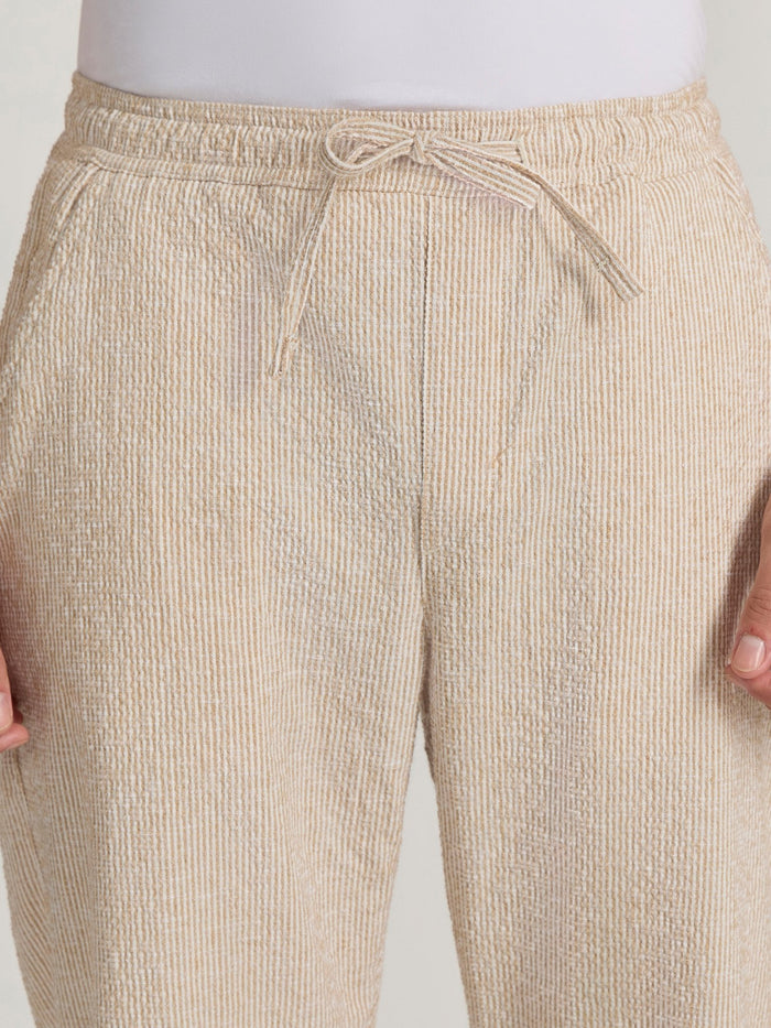 mens Striped Seersucker Trousers - mustard beige