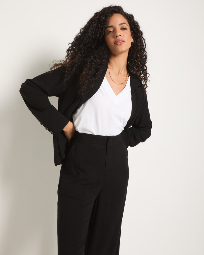 Black $|& SEAS Cove Linen Peplum Blazer - VOF Front