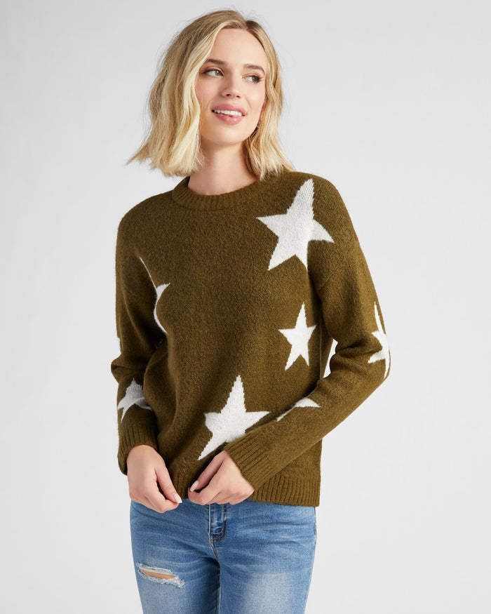 Olive $|& Vigoss Crew Neck Star Print Sweater - SOF Front