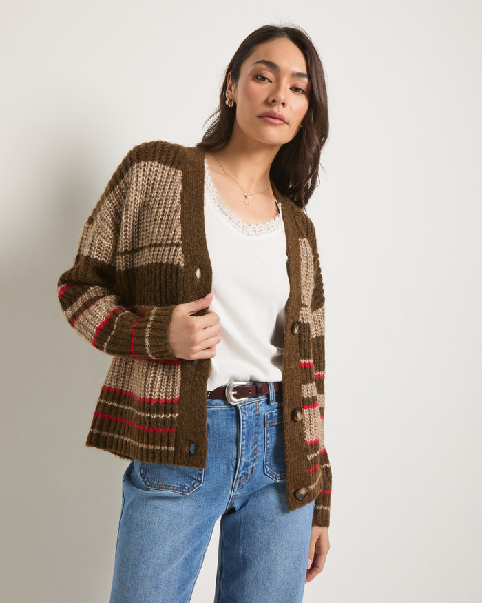 Mahogany Stripe $|& SEAS Crystal Canyon Striped Cardigan - VOF Front