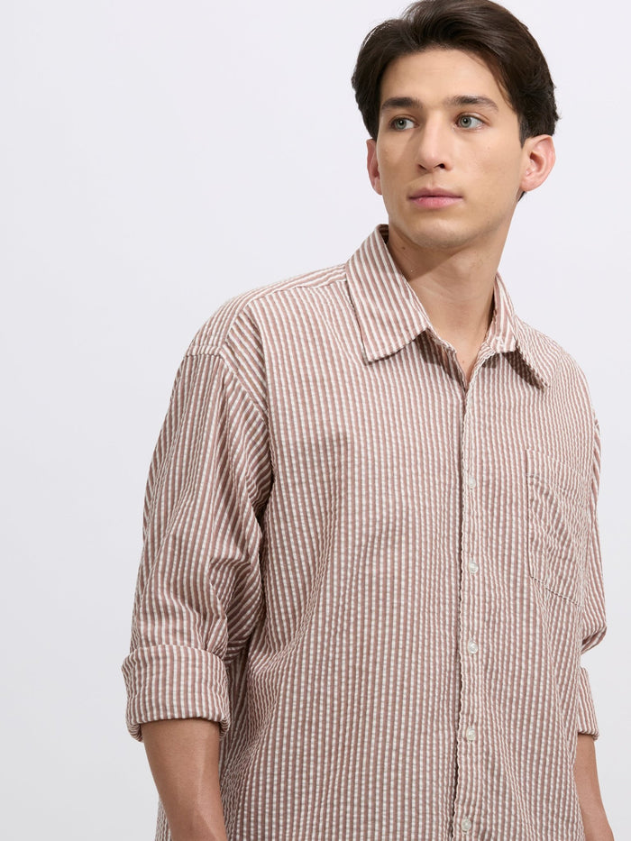 Cullen - men's Casual Striped Shirt - light brown color