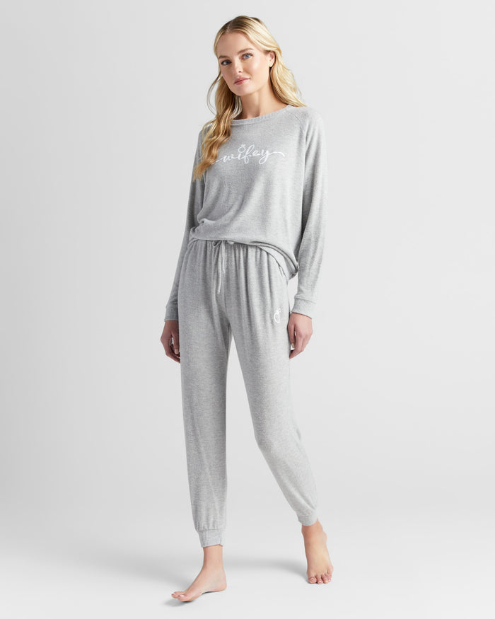 Heather Grey $|& SEAS Dreamy Hacci "Wifey" Graphic Jogger - SOF Full Front
