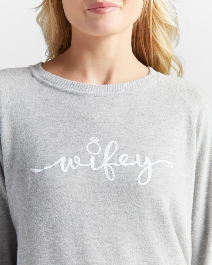 Heather Grey $|& SEAS Dreamy Hacci "Wifey" Graphic Pullover - SOF Detail
