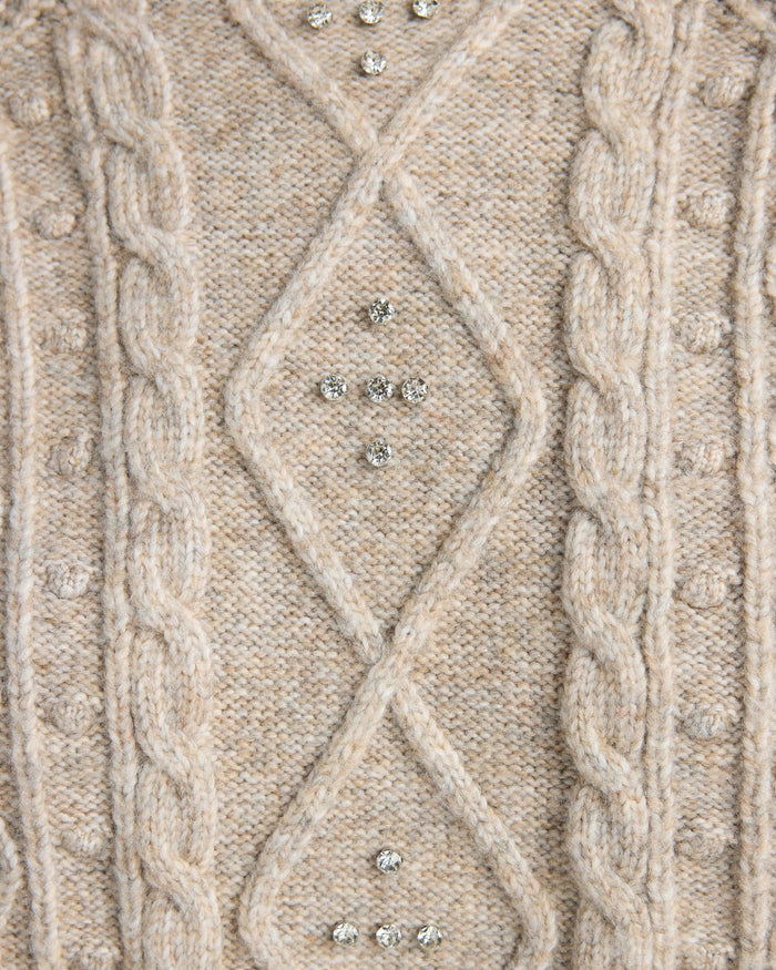 Mushroom $|& SEAS Embellished Cable Crew Sweater - SOF Detail