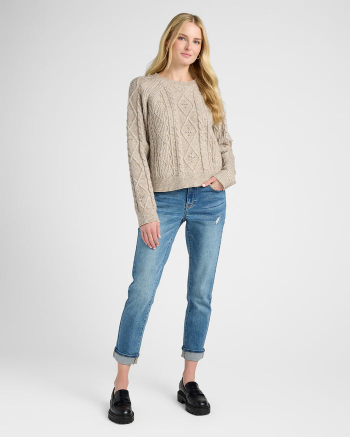 Mushroom $|& SEAS Embellished Cable Crew Sweater - SOF Full Front