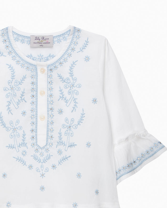 Lily Rose Kaftan Embroidered Kaftan in White/Blue