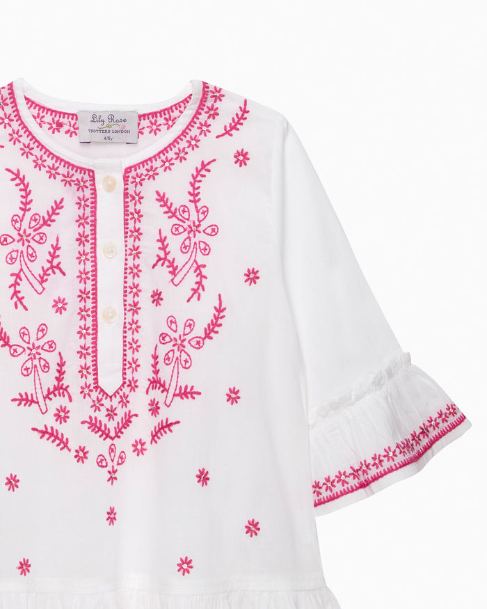 Lily Rose Kaftan Embroidered Kaftan in White/Fuchsia