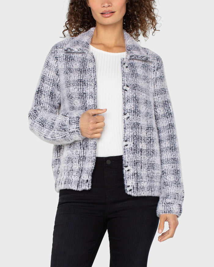 Grey/White Plaid $|& Liverpool Eyelash Bomber Sweater Jacket - VOF Detail
