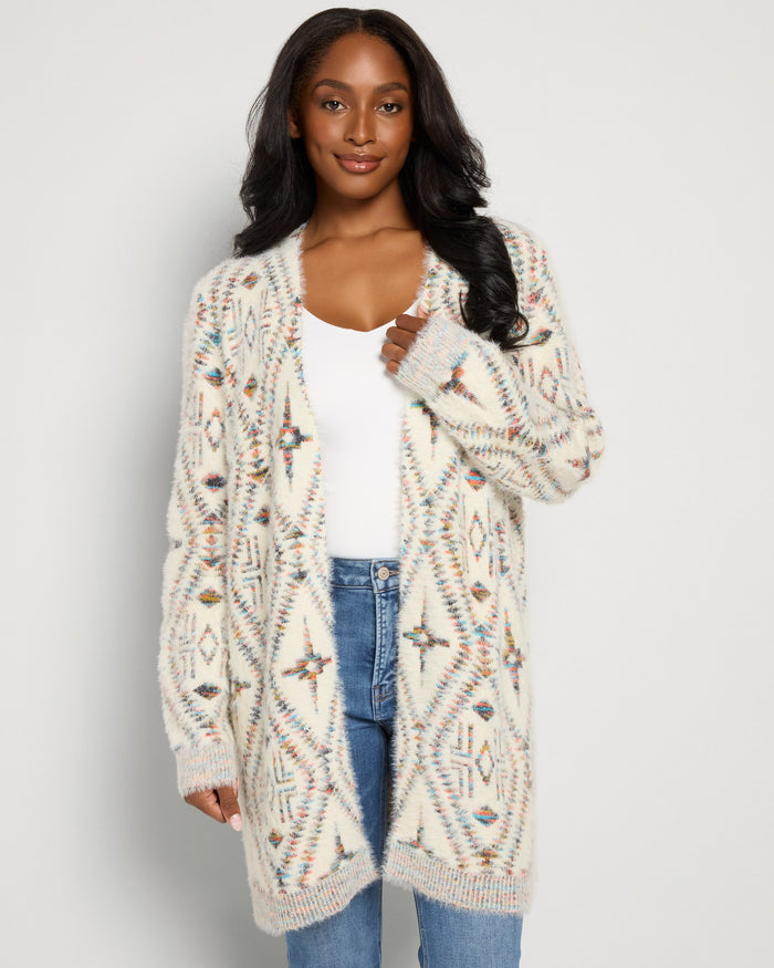 Ivory Mix $|& Bobeau Eyelash Open Front Cardigan - SOF Front