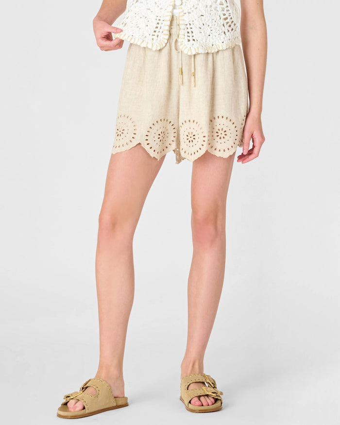 Neutral Linen $|& DEX Eyelet Linen-Blend Pull On Short - VOF Detail