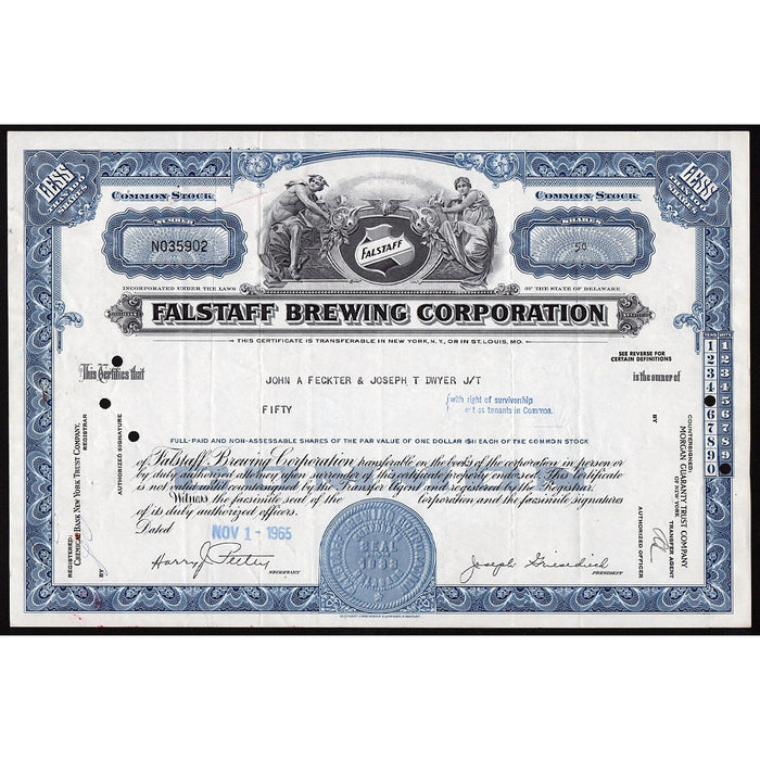 Falstaff Brewing Corporation Beer Brewing Stock CertificateFalstaff Brewing Corporation Beer Brewing Stock Certificate