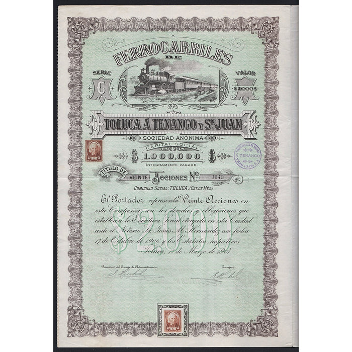 Ferrocarriles de Toluca a Tenango y San Juan S.A. 1907 Mexico Stock Certificate