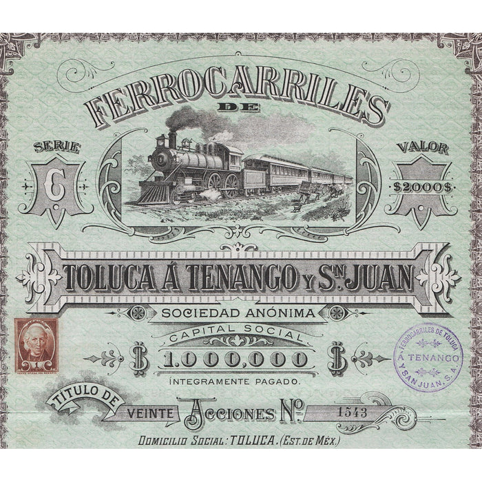 Ferrocarriles de Toluca a Tenango y San Juan S.A. 1907 Mexico