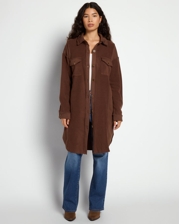 Brown $|& Hem & Thread Fleece Longline Shacket - UGC On Fig