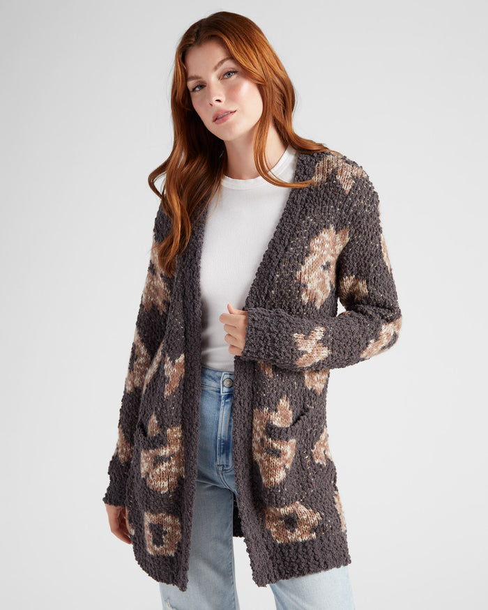 Charcoal Floral $|& Bobeau Floral Popcorn Cardigan - SOF Front