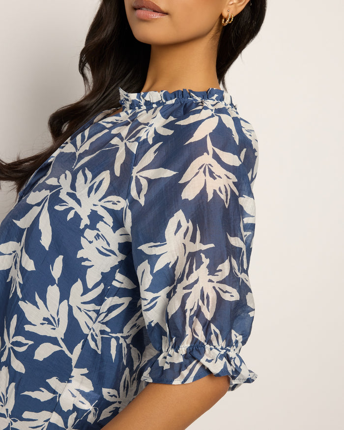Blue/Ivory Floral $|& Bobeau Floral Ruffle Neck Button Up Top - SOF Full Front