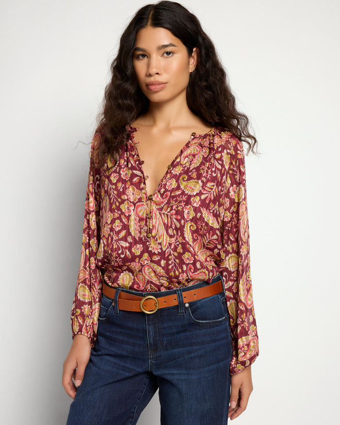 Wine $|& West Kei Floral Woven Top with Button Detail - SOF Front