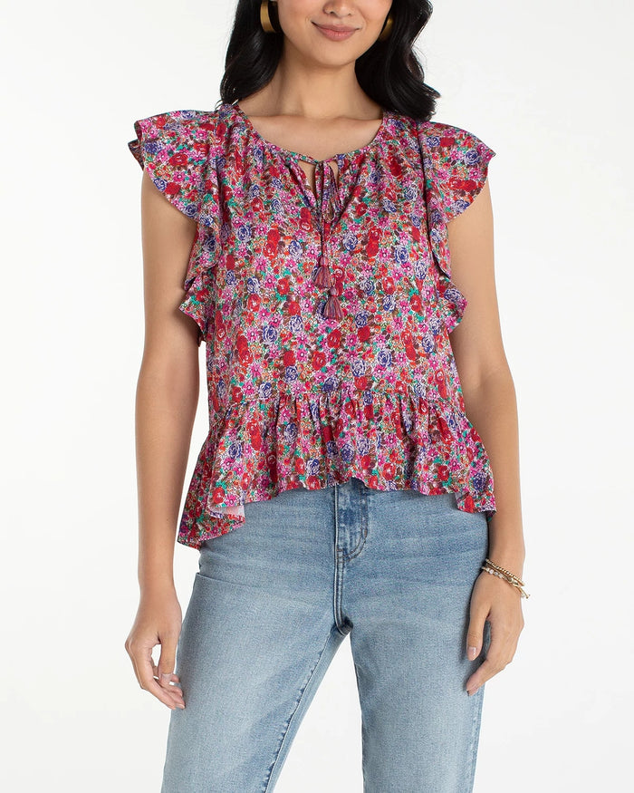 Pink Multi Floral $|& Liverpool Flutter Sleeve Peplum Top - VOF Detail