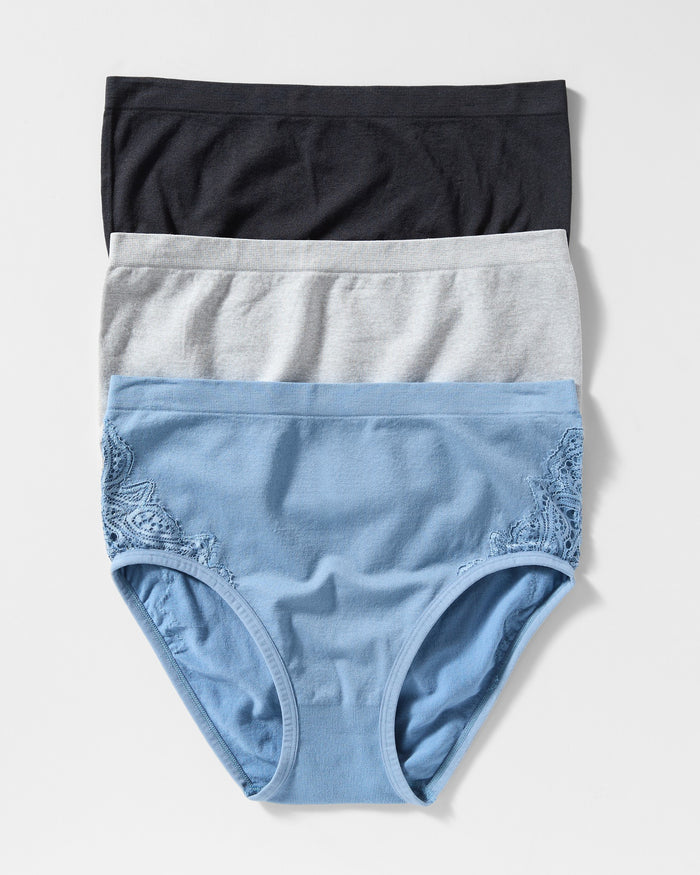 Coronet Blue/Heather Gray/Black $|& real Underwear Full Coverage Brief with Lace 3 Pack