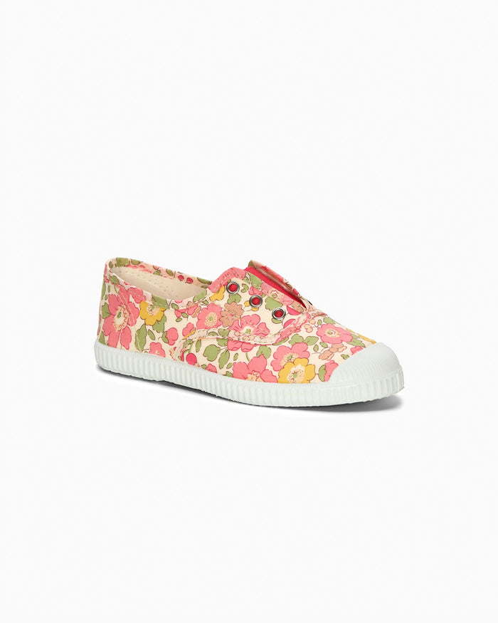 Hampton Canvas Canvas Shoes Hampton Canvas Plum Print Plimsolls in Peach Sparkle Betsy